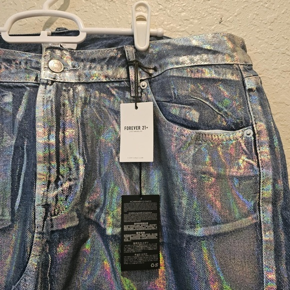 Forever 21 Women's Plus Size 1X Iridescent‎ Denim Maxi Skirt Front Leg Slit - Picture 3 of 6